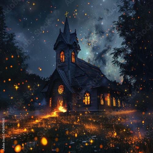 Ethereal Scene: Lemus Church Engulfed in Flames, Illuminated by Swarming Fireflies photo