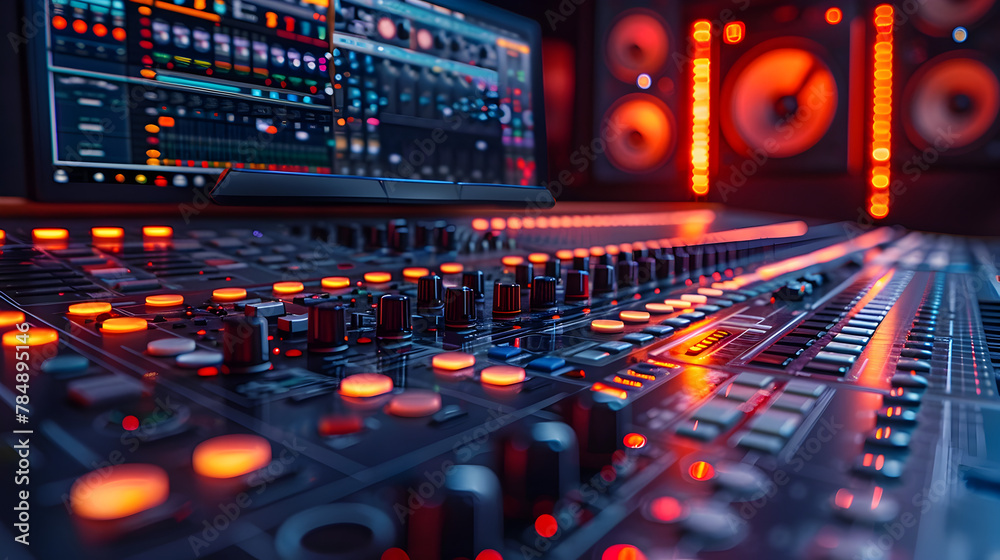 Obraz premium Modern Music Production Console with DAW Software in Digital Art Style