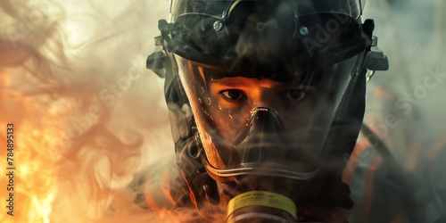 A close-up of a firefighter's determined expression, visible through the visor of their helmet, as they enter a smoke-filled building, highlighting the personal resolve photo