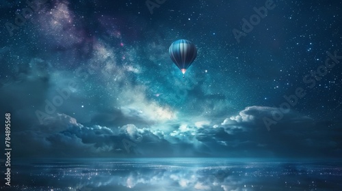 A surreal and dreamy podium featuring a lone hot air balloon floating through a sea of stars and constellations inviting viewers to . .