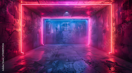 Neon Light Portal Illuminating an Underground Cyberpunk Bunker
