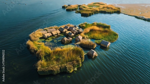 Uros Floating Islands, bird seye view, long shot, awardwinning photography, photos taken with professional cameras photo