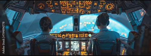 Two futuristic pilots sitting in the clockpit of a small shuttle, looking out the window into space The shuttle is filled with high tech control