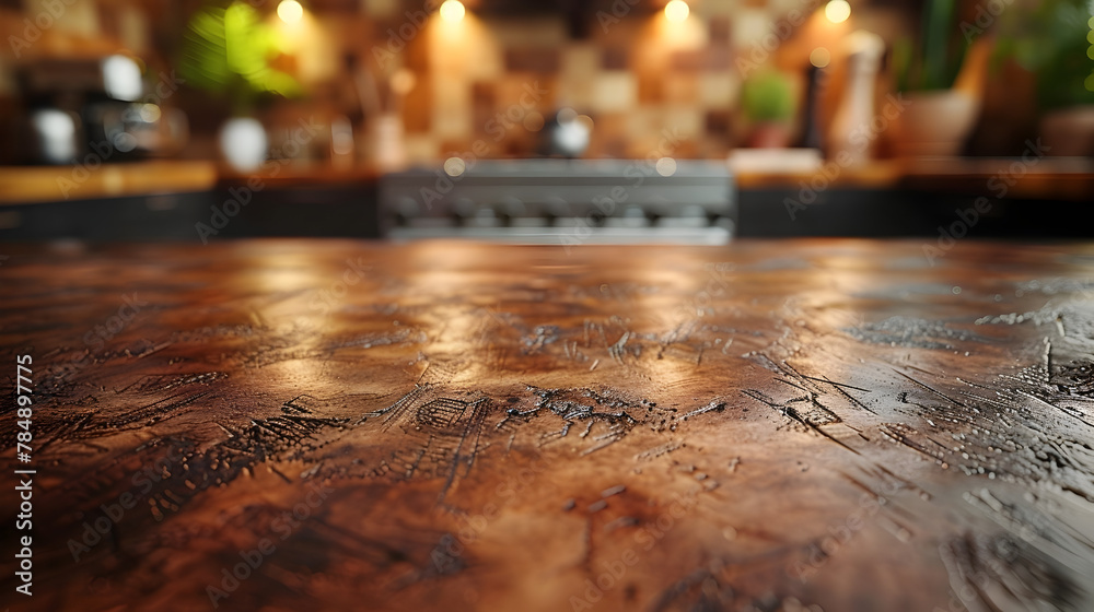 Rich Wood Grain Texture of a Rustic Table Surfaces against a Softly Lit Bar Interior Rich Wood Grain Texture of a Rustic Table Surfaces against a Softly Lit Bar Interior