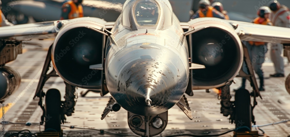 Fototapeta premium A close-up of a jet being launched, with the crew on deck in action, ensuring a seamless operation, the focus on the individuals and machinery emphasizing the teamwork behind each mission.