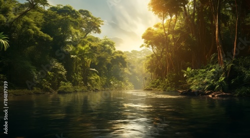 A lush green jungle with a river running through it