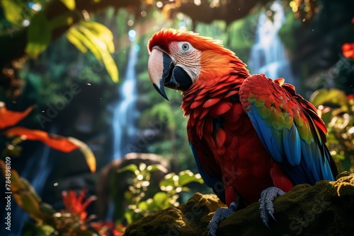 A colorful parrot is perched on a rock in a lush green forest