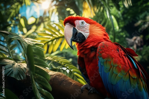 A colorful parrot is perched on a tree branch in a lush green forest