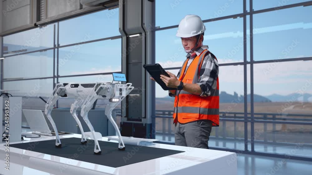 Full Body Side View Of Asian Male Engineer With Safety Helmet Working On A Tablet While Standing in High Tech Factory, Analyzing Robotic Machine Concept Full Body Side View Of Asian Male Engineer With Safety Helmet Working On A Tablet While Standing in High Tech Factory, Analyzing Robotic Machine Concept