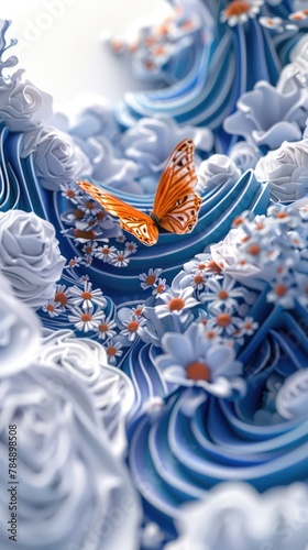 Exquisite craftsmanship: colorful butterfly and flower organic paper sculpture design, an illustration of dreamy romance, perfect for banner, capturing the beauty of nature in intricate detail.