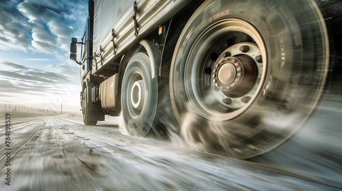 A close-up of a truck's wheels spinning rapidly, the asphalt beneath a whirl of motion, capturing the raw power and tireless journey of truckers across vast distances.