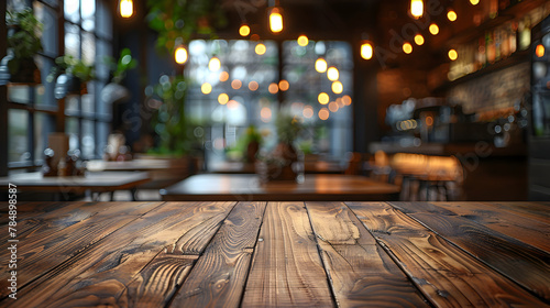 Rustic Wood Table in Modern Coffee Shop with Bokeh Background and Product Display