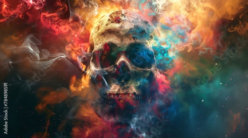 disintegrating skull in colorful smoking space