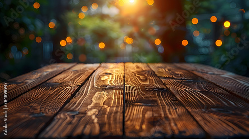 Rustic Wooden Table Basks in Sunlit Garden Bokeh at Sunset