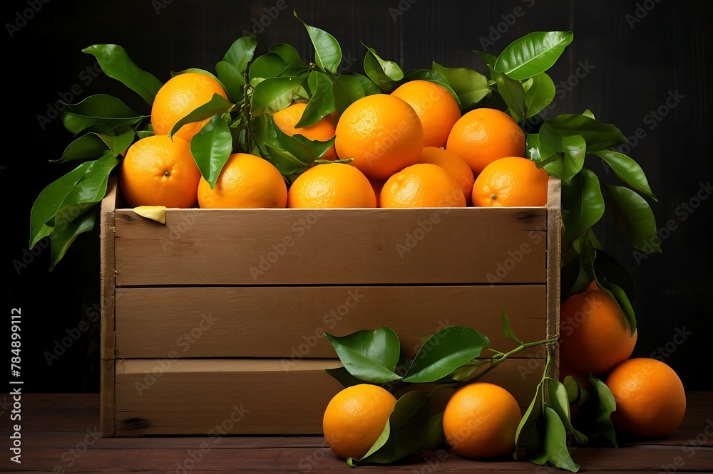 Fresh Oranges in wooden crate