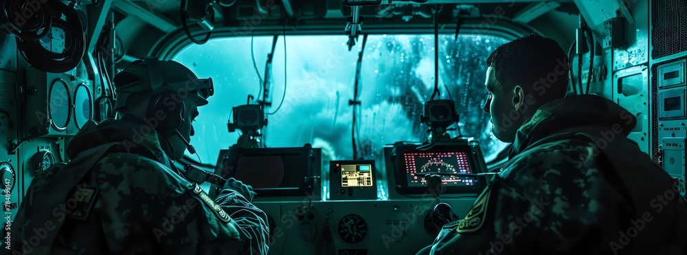 Illustrate the soldiers and Nick inside a military submarine - obrazy, fototapety, plakaty 