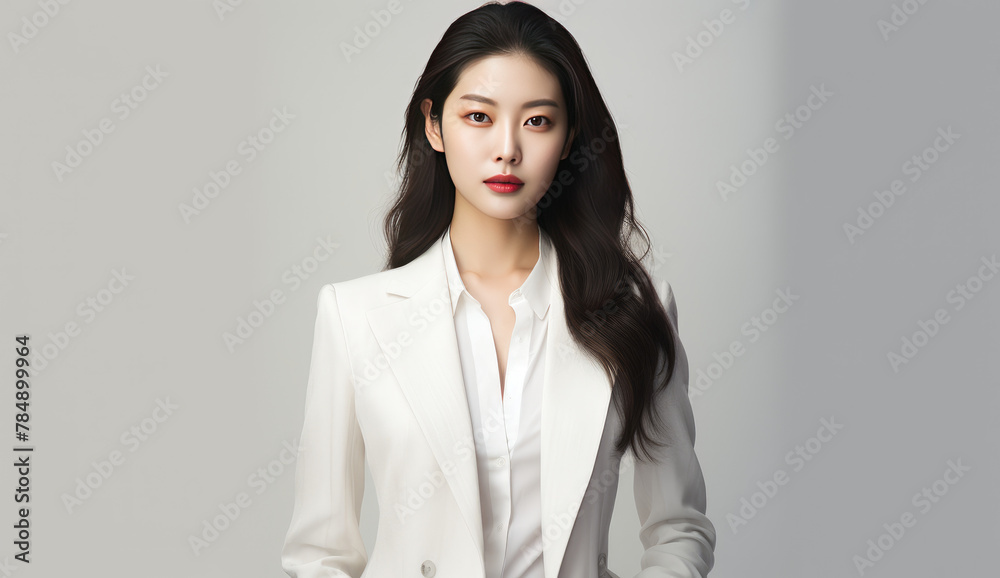 Portrait of a beautiful and confident Japanese or korean business woman posing in a white suit, white long black hair. Business, finance and employment, female successful entrepreneurs concept. Portrait of a beautiful and confident Japanese or korean business woman posing in a white suit, white long black hair. Business, finance and employment, female successful entrepreneurs concept.