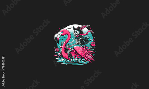 skull riding flamingo vector mascot design