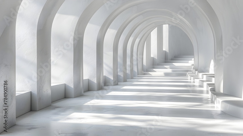 Sunlight Illuminating White Marble Arched Corridor A Minimalist and Symmetrical Architectural Design Concept