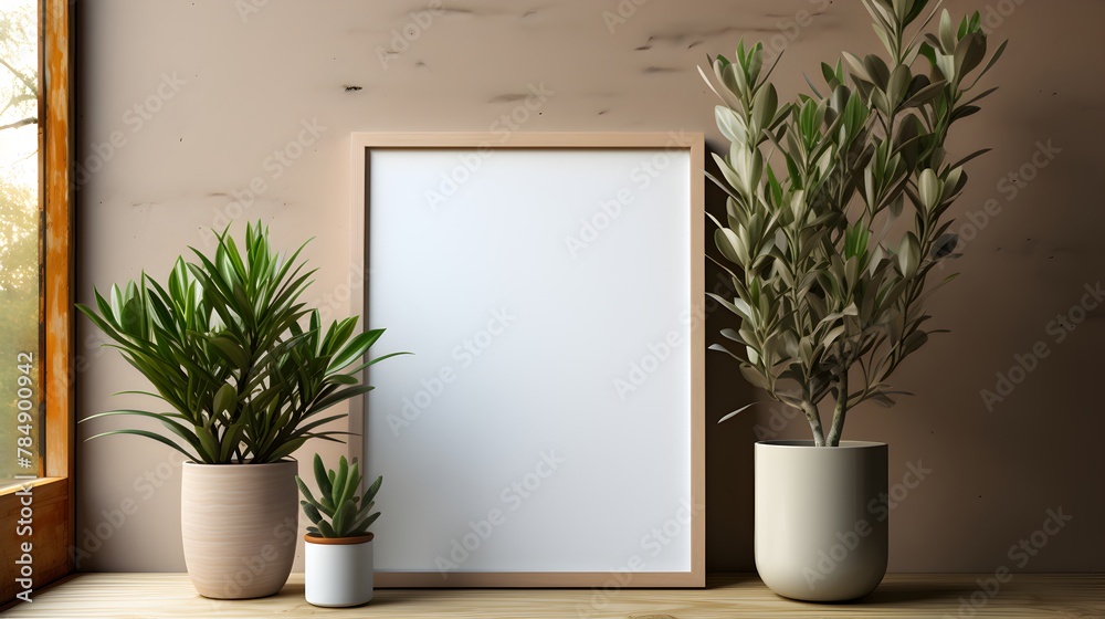 Picture frame and potted plants on a shelf, elevating your interior design with a stylish poster frame mockup and plant decoration - obrazy, fototapety, plakaty 