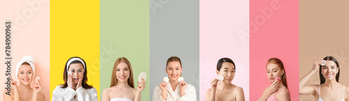 Collage of young women with sponges on color background photo