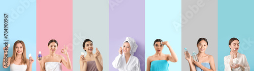 Set of young women with sponges on color background photo
