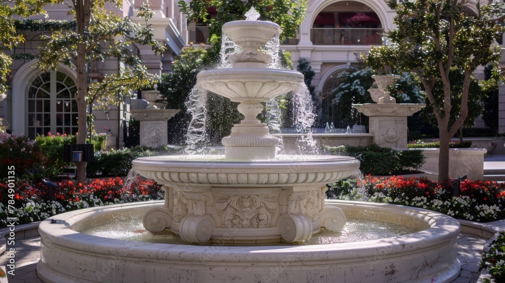 The regal marble fountain casts a majestic ambiance over the courtyard its centerpiece a grand podium adorned with intricate marble . .