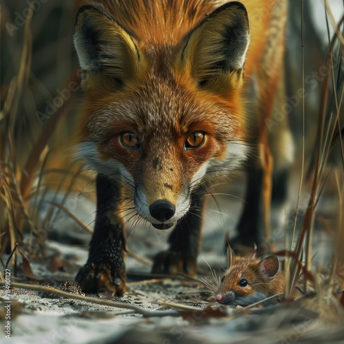 Intense Hyperrealism  Fox Stalking Mouse in Frontal View  Ready to Pounce