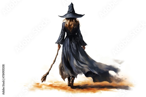 Witch with a broom on a white background. Digital painting.