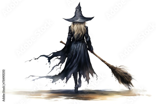 Witch with a broom. Halloween illustration. Isolated on white background.