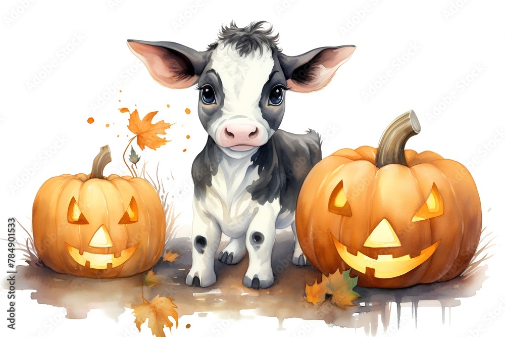 cute cow and pumpkins on white background, watercolor illustration