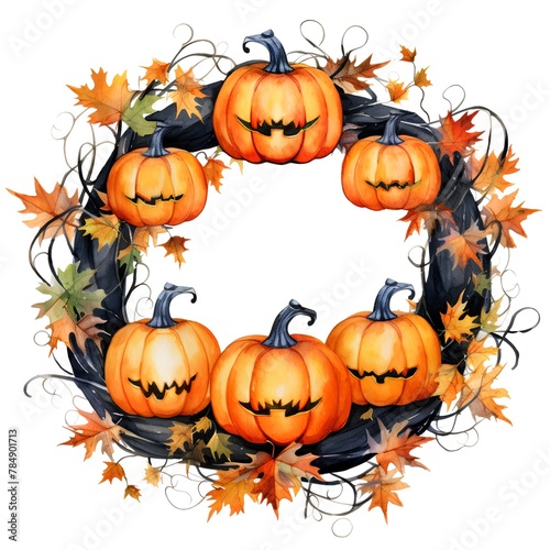 Watercolor halloween wreath with pumpkins and autumn leaves