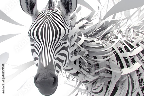 Wild zebra with black and white stripes stands in the white background