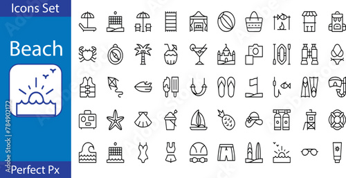 set of thin line beach icons vector