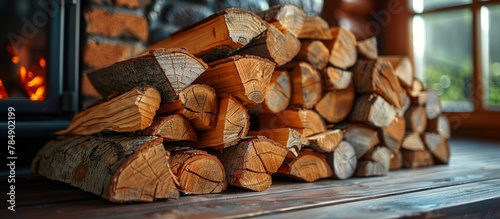 A stack of timber is neatly arranged on a wooden surface next to a traditional fireplace