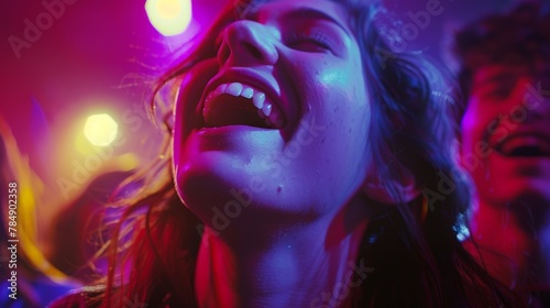 A close-up of joyful faces illuminated by strobe lights, their expressions a blend of exhilaration and abandon, embodying the spirit of a dance party.
