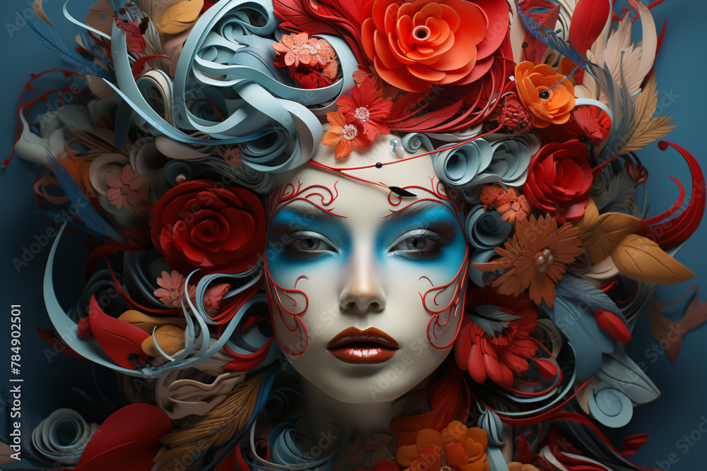 Abstract illustration of a beautiful woman with flowers in her hair. sci-fi and fantasy concept art