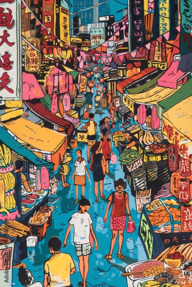 A bustling Asian market in pop art style, bold colors, stylized food stalls, and exaggerated figures