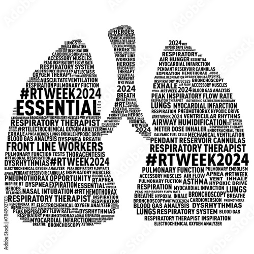 RT week 2024 - Respiratory Therapy words forming a set of lugns.
