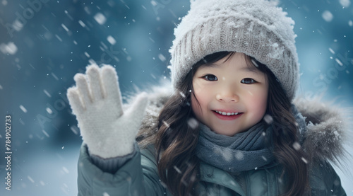 Portrait of Beautiful Asian girl enjoying snowfall, generative ai