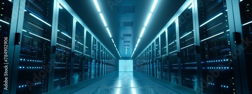 A server room filled with rows of illuminated server racks and blinking lights, showcasing the vast computing power of the digital age. 8k, ultra details.