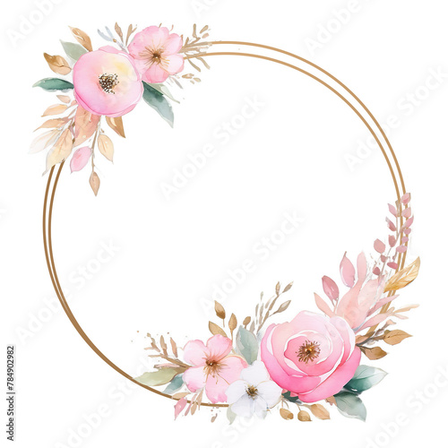 Luxury watercolor floral botanical gold line wedding circle frame elements. Elegant foliage design for wedding, card, invitation, greeting on Transparent Background PNG Generative AI