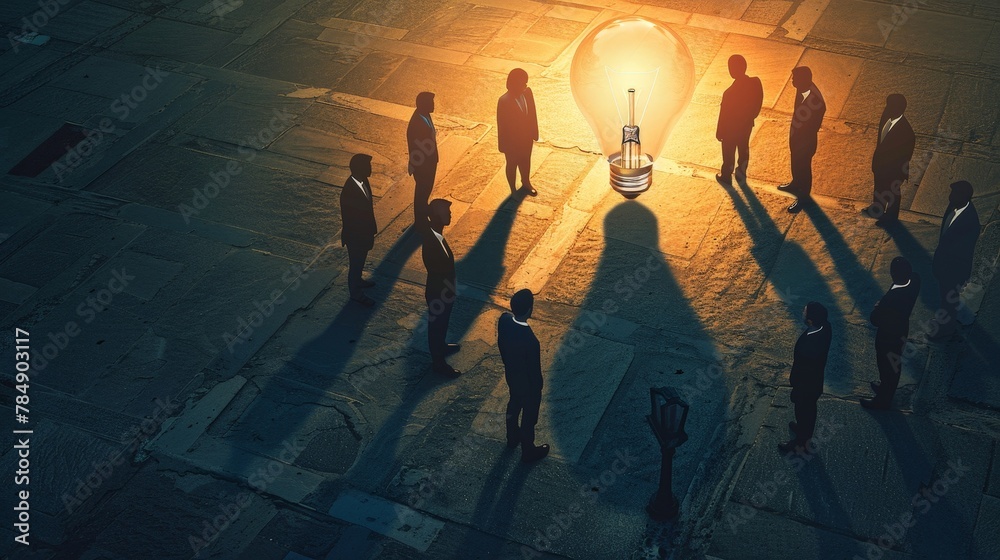 A conceptual image of businessmen casting shadows that form a lightbulb, illustrating how individual strengths and perspectives combine to illuminate the path forward for a startup.