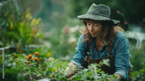 A woman is tending to a garden, wearing a straw hat and blue overalls