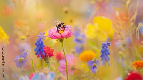 A macro shot of a single wildflower with a bee nestled in its center, collecting pollen