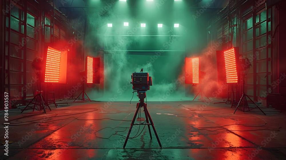Warehouse Film Studio with Cinematic Lighting and Smoke