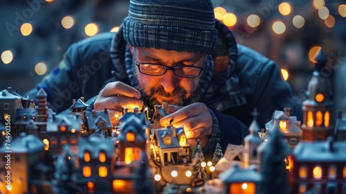 A man is fixing a small town of houses with lights on them