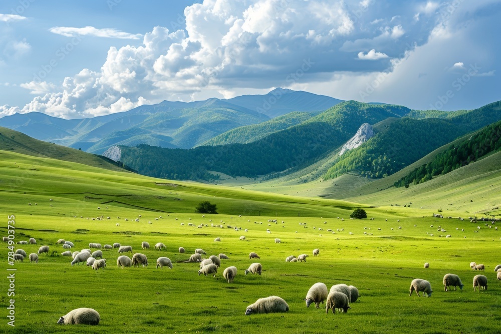 A panoramic view of a meadow dotted with grazing sheep, their white forms contrasting with the vibrant green landscape