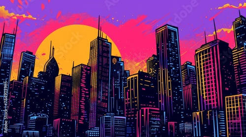A pop art cityscape at sunset  bold outlines  skyscrapers awash in vibrant orange and purple hues