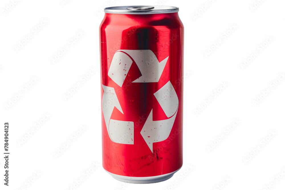 red soda can with recycling symbol, isolated white background